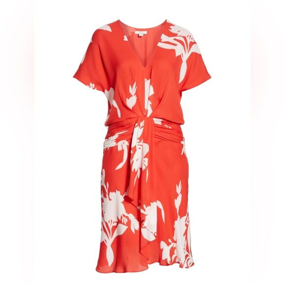 Joie Ashleena Tropical Silk Pleated Detail V-Neck Flutter Midi Dress Size 12 - Picture 1 of 14